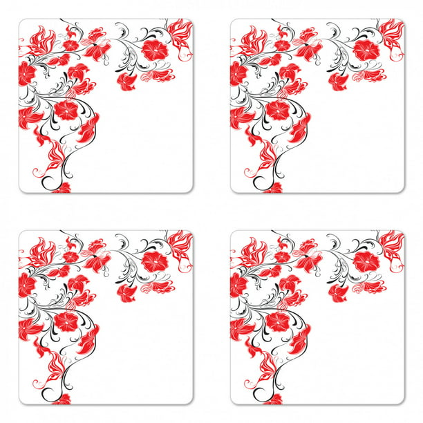 Red Set of 4 Coasters Japanese Art Hippy Swirls